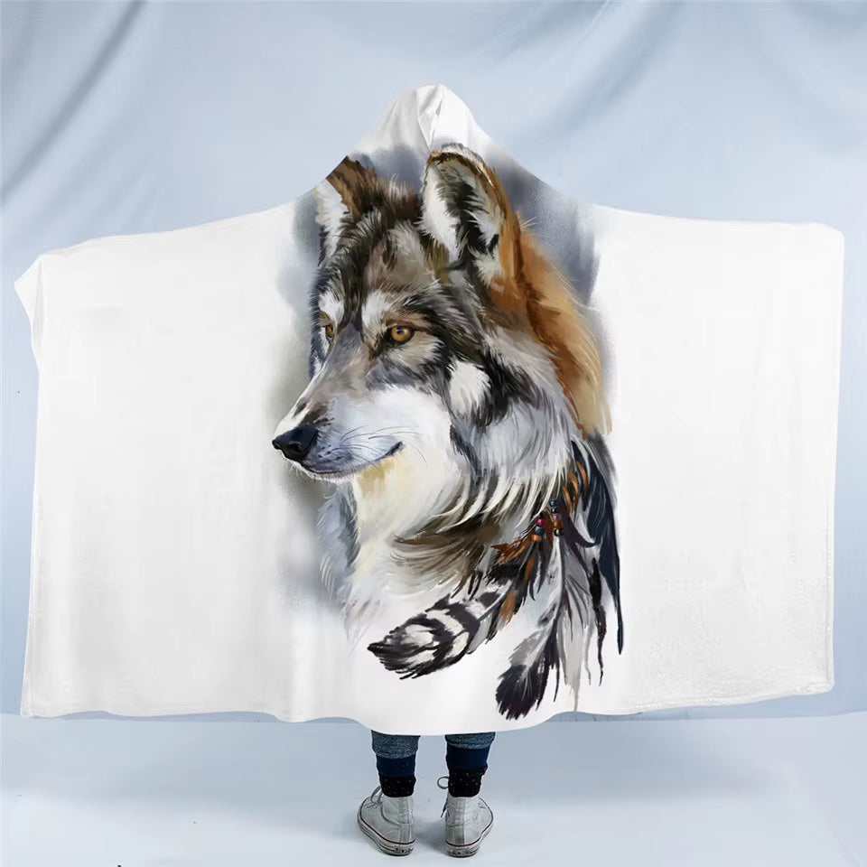 VALOA HOME — Wolf Hooded Sherpa Blanket