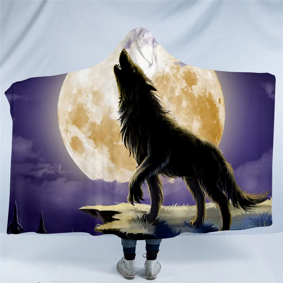 VALOA HOME — Wolf Hooded Sherpa Blanket