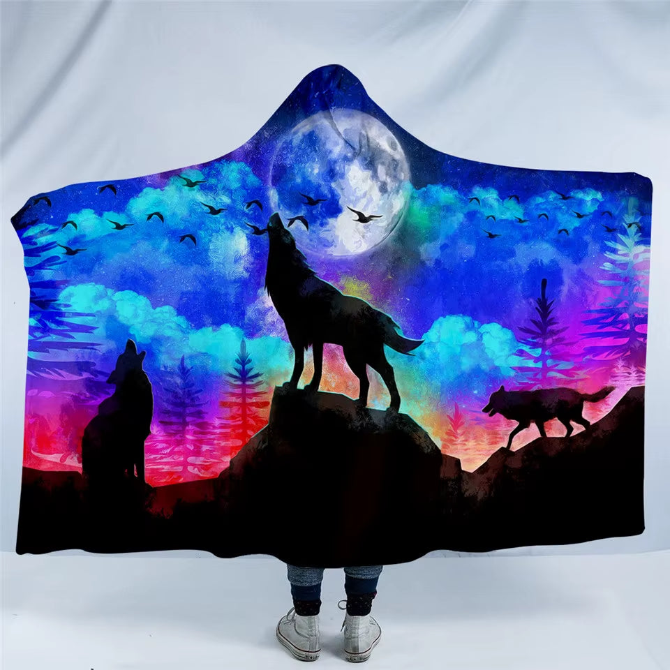 VALOA HOME — Wolf Hooded Sherpa Blanket