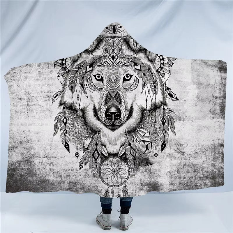 VALOA HOME — Wolf Hooded Sherpa Blanket