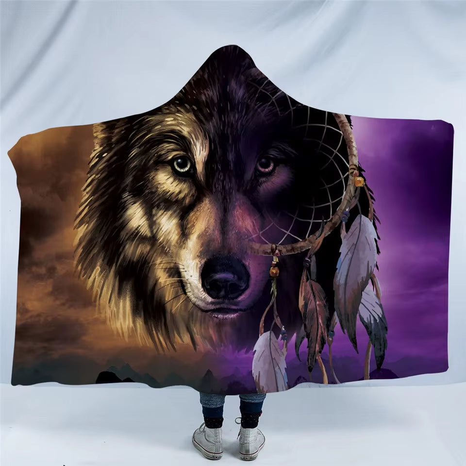 VALOA HOME — Wolf Hooded Sherpa Blanket