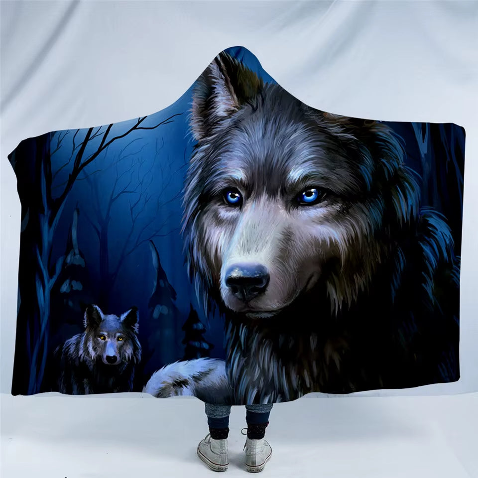 VALOA HOME — Wolf Hooded Sherpa Blanket