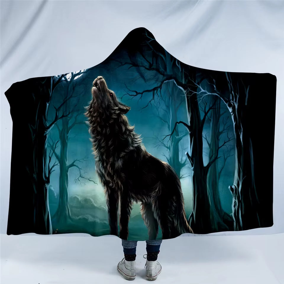 VALOA HOME — Wolf Hooded Sherpa Blanket